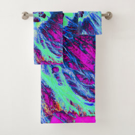 レトロサイケデリックグリーンとブルーのハイビスカスフラワー バスタオルセット