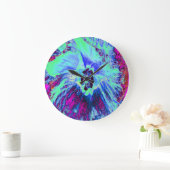 レトロサイケデリックグリーンとブルーのハイビスカスフラワー ラージ壁時計 (ホーム)