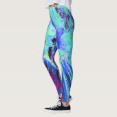 レトロサイケデリックグリーンとブルーのハイビスカスフラワー レギンス (左)