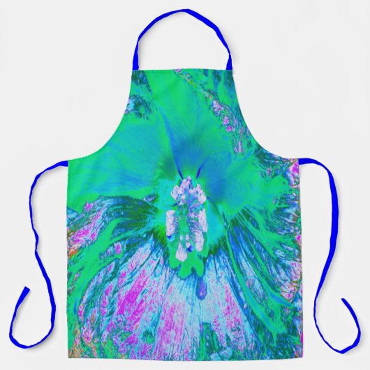 レトロサイケデリックグリーンとホットピンクのハイビスカス エプロン (正面)