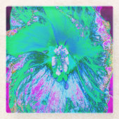 レトロサイケデリックグリーンとホットピンクのハイビスカス ガラスコースター (正面)