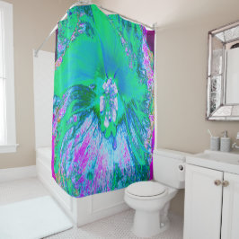 レトロサイケデリックグリーンとホットピンクのハイビスカス シャワーカーテン