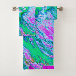 レトロサイケデリックグリーンとホットピンクのハイビスカス バスタオルセット