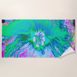 レトロサイケデリックグリーンとホットピンクのハイビスカス ビーチタオル