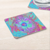 レトロサイケデリックレインボーブルーハイビスカス スクエアペーパーコースター (アングル)
