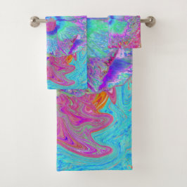 レトロサイケデリックレインボーブルーハイビスカス バスタオルセット