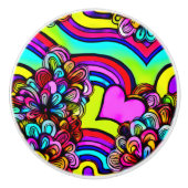 レトロサイケデリック花ハートカラフル セラミックノブ (正面)