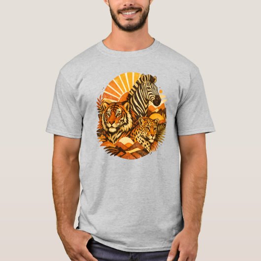レトロサファリ動物柄 | ビンテージ野生動物ボホ Tシャツ (正面)