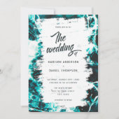 レトロサマーアクアティール(緑がかった色)ブルー海テーマ結婚ズ 招待状 (正面)