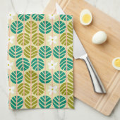レトロサマーグリーン&ピンクフローラ ストライプの キッチンタオル (四つ折り)