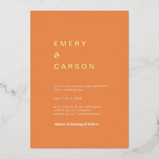 レトロサマーゴールドフォイルオレンジカジュアルズ結婚 箔招待状 (正面)