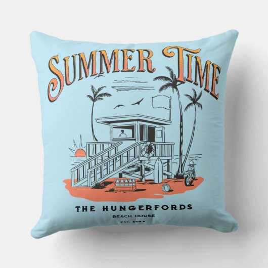 レトロサマータイムビーチハットイラストレーション クッション (裏面)