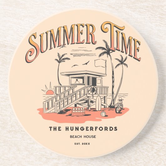 レトロサマータイムビーチハットイラストレーション コースター (正面)