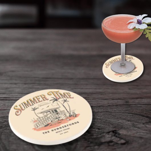 レトロサマータイムビーチハットイラストレーション コースター