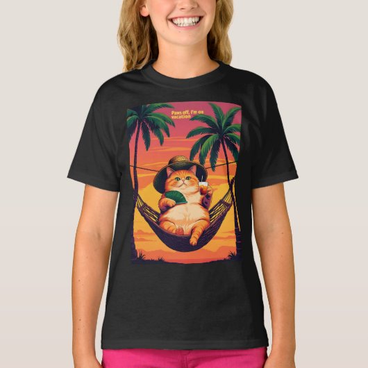 レトロサマーネコのバカンスが楽しい Tシャツ (正面)