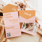 レトロサマーピンクとオレンジ色の写真結婚ズ オールインワン招待状