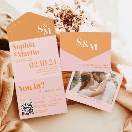 レトロサマーピンクとオレンジ色の写真結婚ズ オールインワン招待状