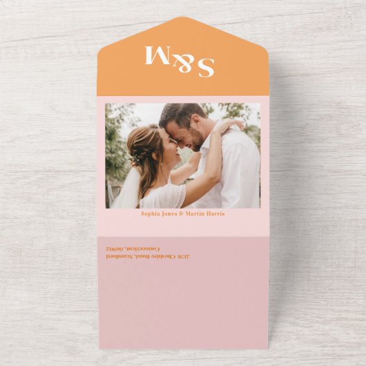 レトロサマーピンクとオレンジ色の写真結婚ズ オールインワン招待状 (外側)