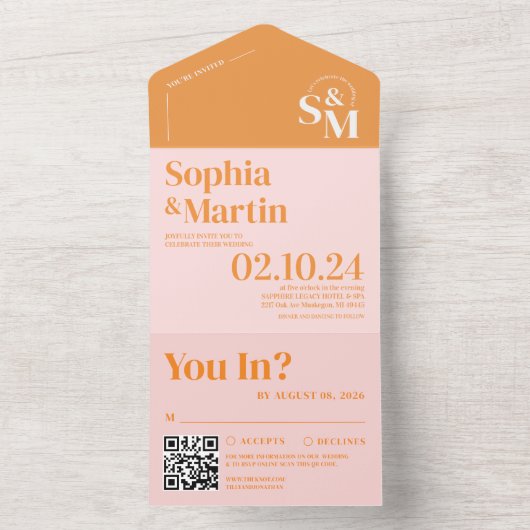 レトロサマーピンクとオレンジ色の写真結婚ズ オールインワン招待状 (内側)