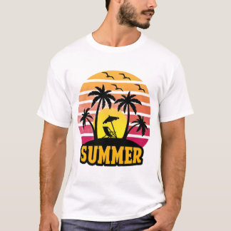レトロサマー ヴァイブス Tシャツ - ヤシの木とサンセットビーチ