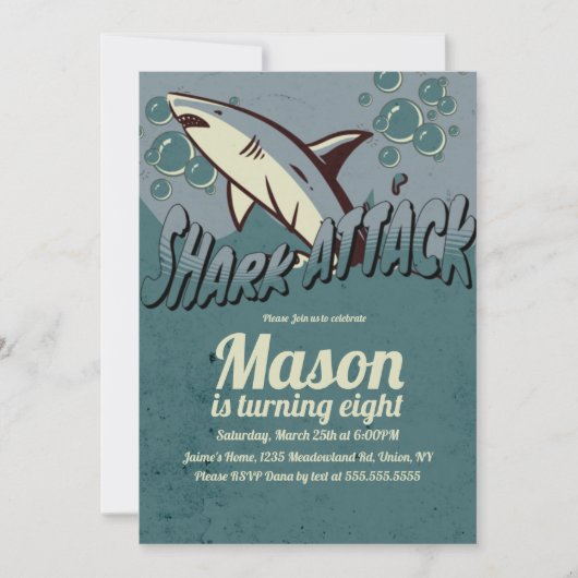 レトロサメをテーマにした誕生日パーティー 招待状 (正面)