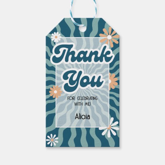 レトロサンウェーブデイジーグリーン誕生日サンキュー ギフトタグ (正面)