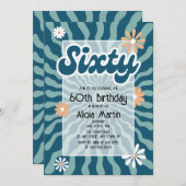 レトロサンウェーブデイジーグリーン60誕生日 招待状 (正面/裏面)