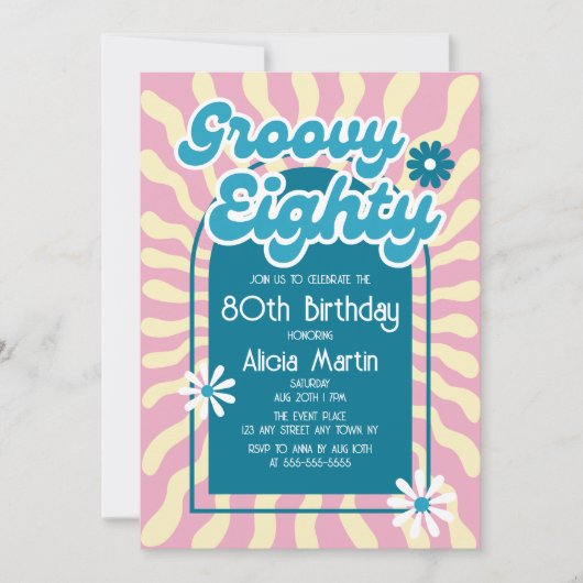 レトロサンウェーブデイジーグルーヴィブルー80誕生日 招待状 (正面)