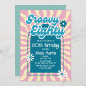 レトロサンウェーブデイジーグルーヴィブルー80誕生日 招待状 (正面/裏面)