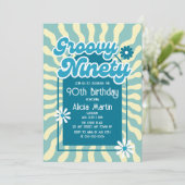 レトロサンウェーブデイジーグルーヴィブルー90誕生日 招待状 (スタンド正面)