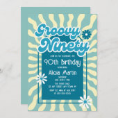 レトロサンウェーブデイジーグルーヴィブルー90誕生日 招待状 (正面/裏面)