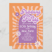 レトロサンウェーブデイジーグルーヴィーパープル50誕生日 招待状 (正面/裏面)