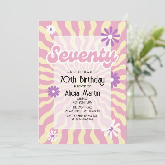 レトロサンウェーブデイジーピンク70誕生日招待状 招待状 (スタンド正面)