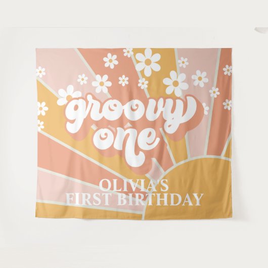 レトロサンシャイングルーヴィワンデイジー誕生日バナータ タペストリー (正面(横))