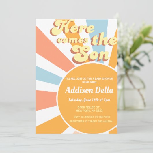 レトロサンシャインサンをテーマにした男の子の赤ちゃんシャワー 招待状 (スタンド正面)
