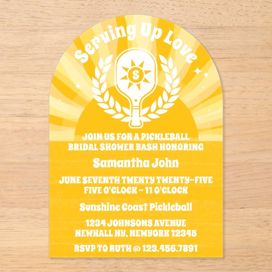 レトロサンシャインピックルボール ブライダルシャワー アクリル招待状 (正面)