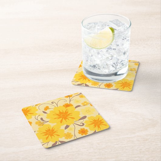 レトロサンシャインフラワーズイエローフローラルパターン スクエアペーパーコースター (インサイチュ)