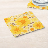 レトロサンシャインフラワーズイエローフローラルパターン スクエアペーパーコースター (アングル)