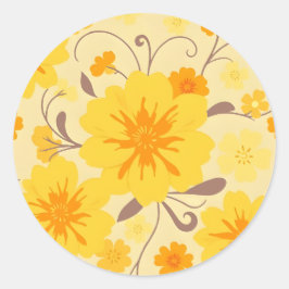 レトロサンシャインフラワーズイエローフローラルパターン ラウンドシール