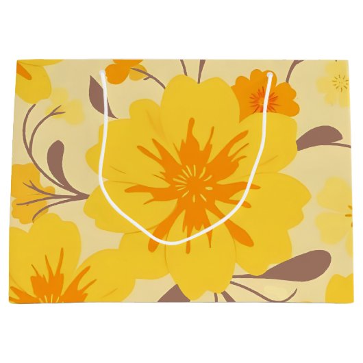 レトロサンシャインフラワーズイエローフローラルパターン ラージペーパーバッグ (正面)