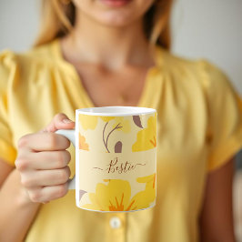 レトロサンシャインフローラルパタン – 黄色の花 コーヒーマグカップ