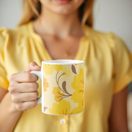 レトロサンシャインフローラルパタン – 黄色の花 コーヒーマグカップ