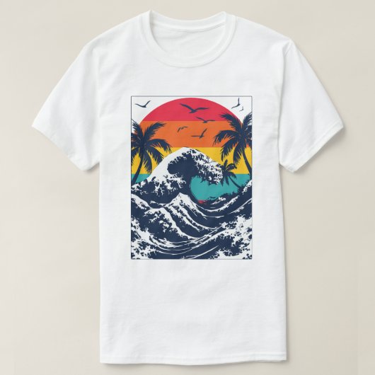 レトロサンセットの川の波 Tシャツ (デザイン正面)