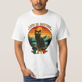 レトロサンセットキャットシャツ、黒猫ヴィンテージTシャツ、 Tシャツ