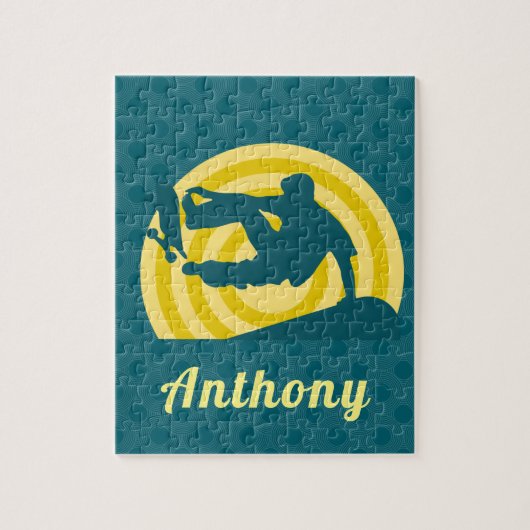 レトロサンセットスケートボードテーマ名前をカスタムするティール(緑がかった色) ジグソーパズル (縦)