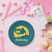 レトロサンセットスケートボードテーマ名前をカスタムするティール(緑がかった色) ペーパープレート (パーティー)