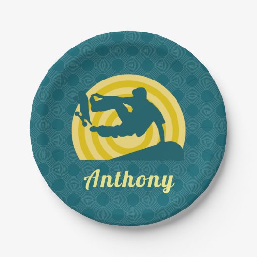 レトロサンセットスケートボードテーマ名前をカスタムするティール(緑がかった色) ペーパープレート (正面)