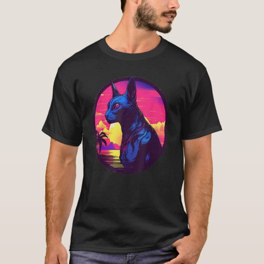 レトロサンセットスフィンクス猫 Tシャツ (正面)