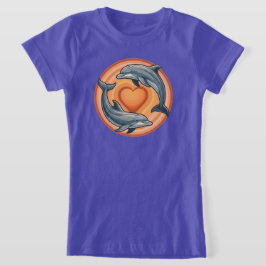 レトロサンセットドルフィンハートサークルグラフィック Tシャツ