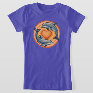 レトロサンセットドルフィンハートサークルグラフィック Tシャツ